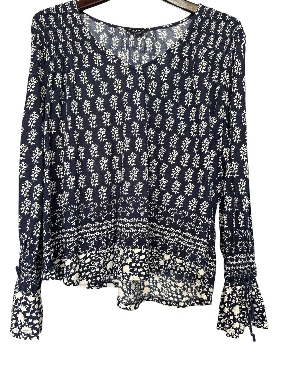Lucky Brand Navy and White Floral V-Neck Peasant Blouse